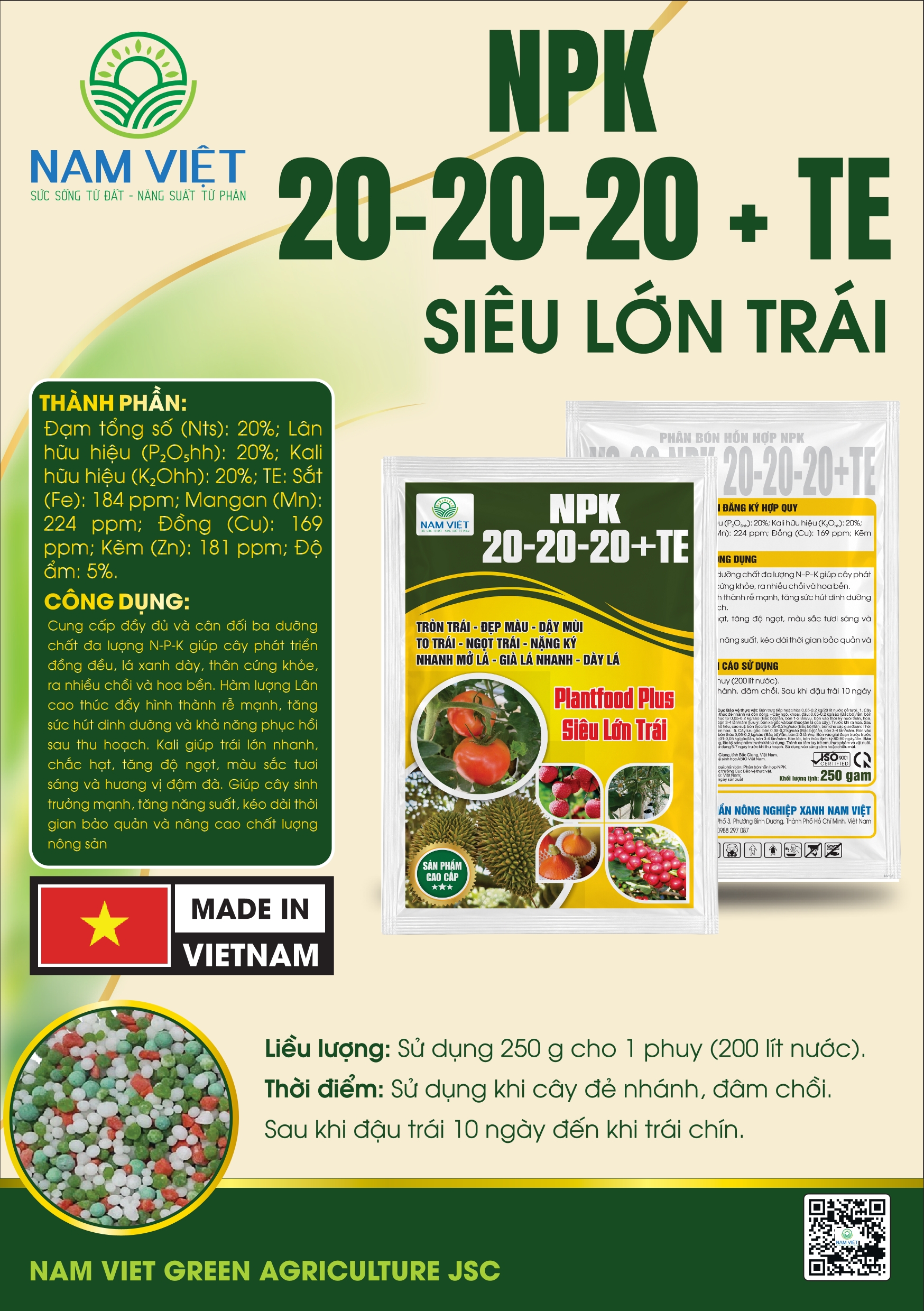 PHÂN BÓN NPK 20-20-20 + TE SIÊU LỚN TRÁI