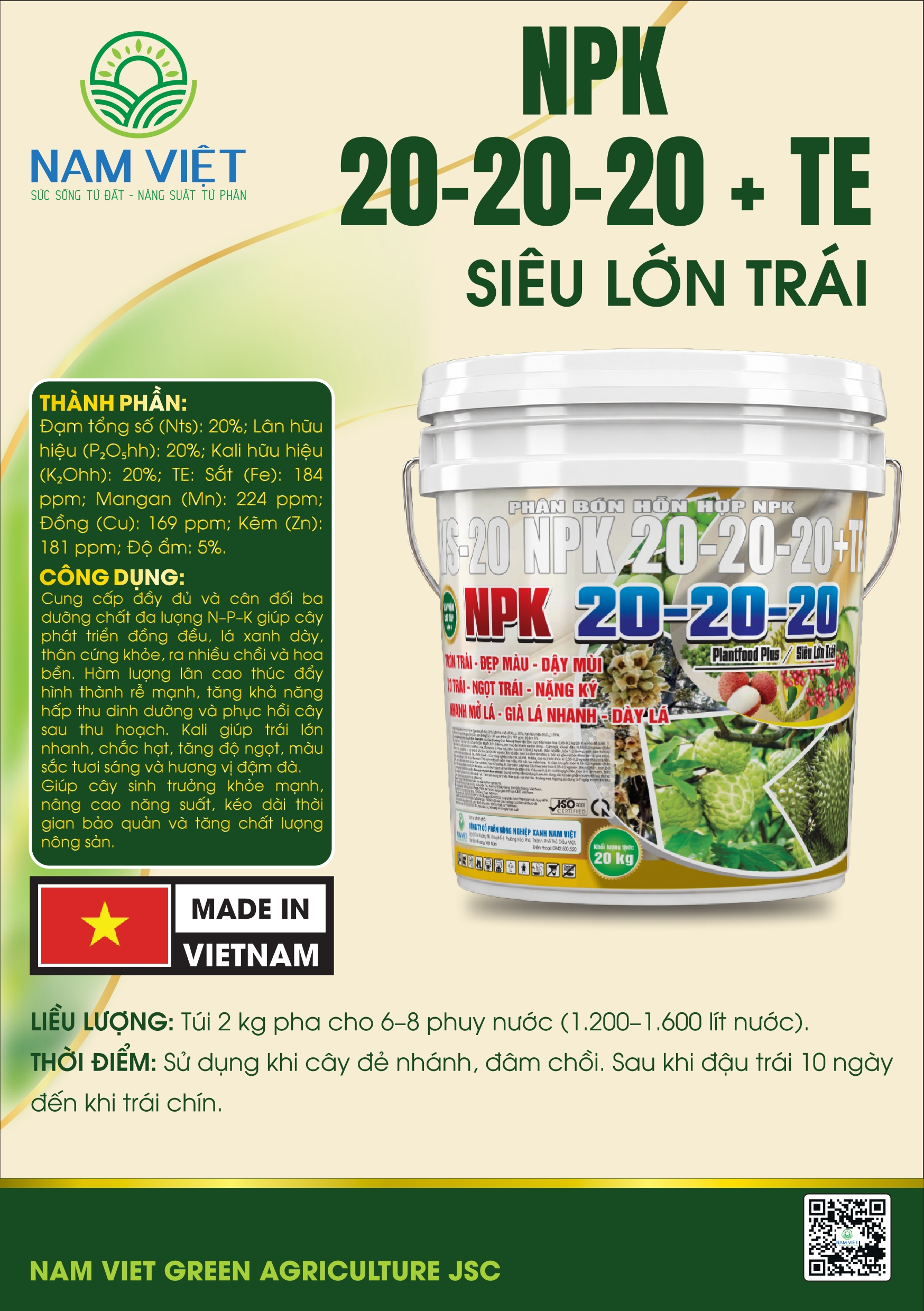 PHÂN BÓN NPK 20-20-20 + TE SIÊU LỚN TRÁI